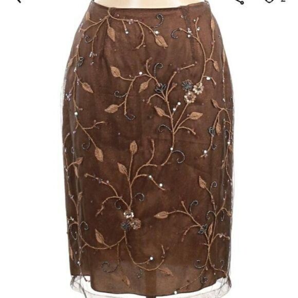 Vtg Rickie Freeman Skirt Formal Overlay Floral Beaded Embroidered Brown Sz 6 - Picture 1 of 11